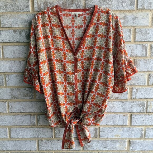 Max Studio | Tops | Max Studio Ruffled 34 Sleeve Vneck Button Up Tie ...